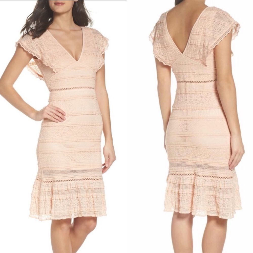 Foxiedox Makayla Flutter Trim Lace Sheath Dress L